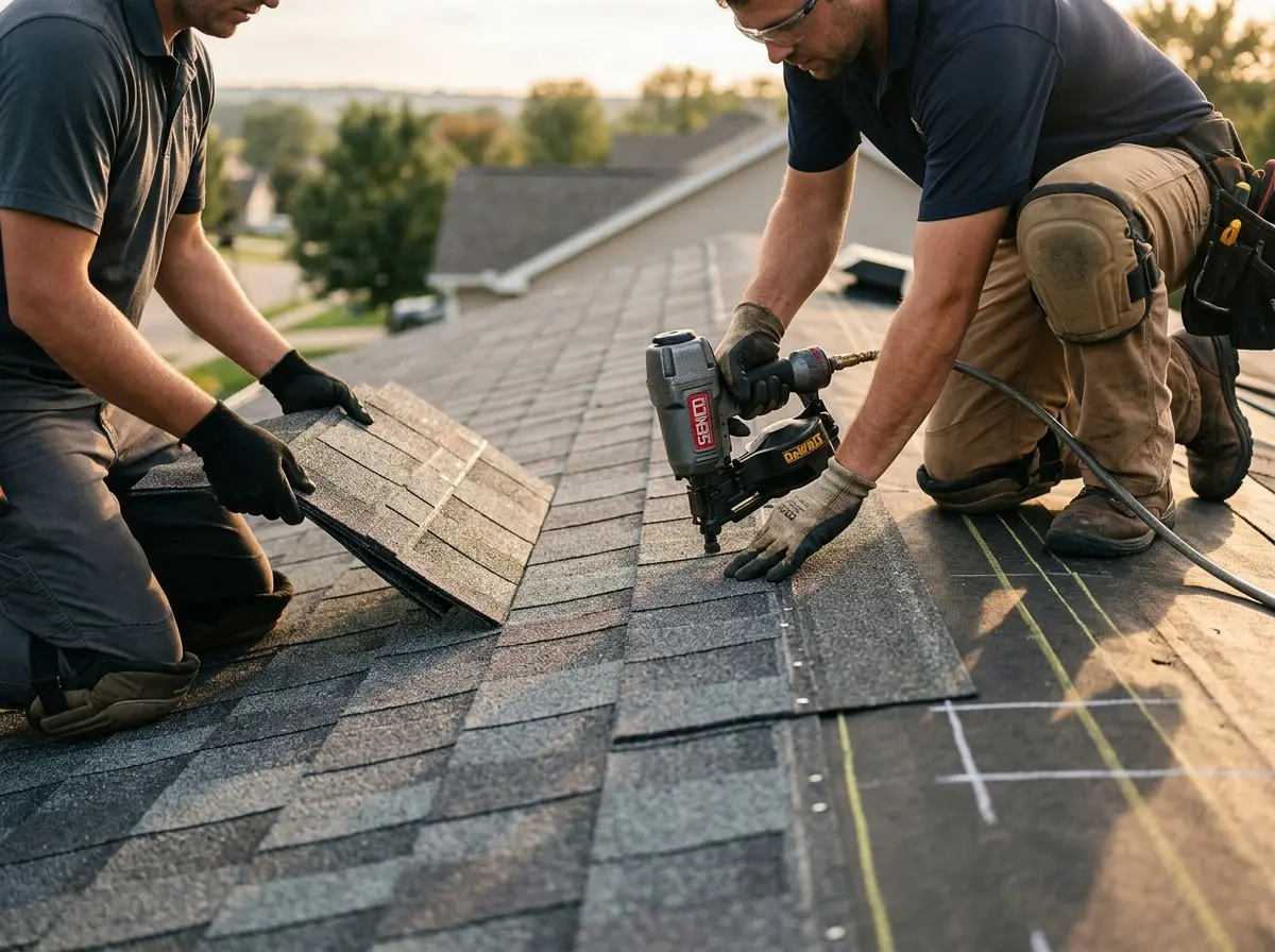 Professional roofer working on a residential roof in North Hanover